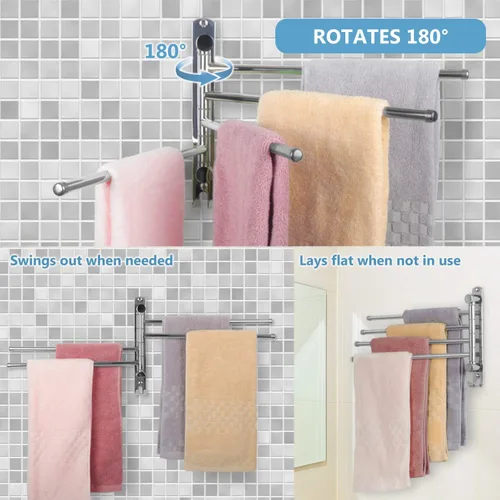 Miniatura 4 de JSVER - Toallero giratorio de 4 brazos para baño, toallero montado en la pared, de acero inoxidable SUS304, ahorrador de espacio, toalleros