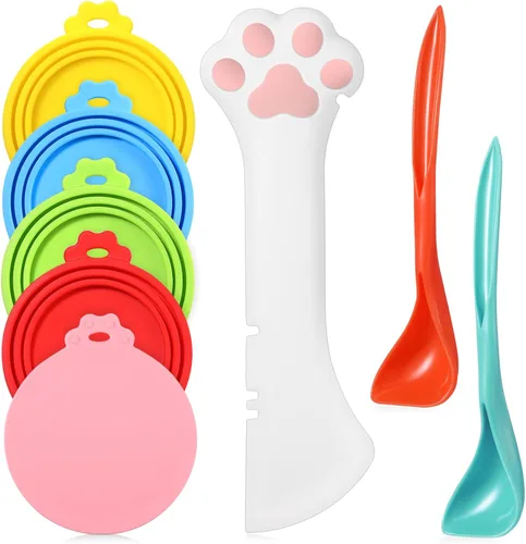 Miniatura 8 de Uiifan Tapa de comida para gatos, tapas para latas de comida para gatos, 8 piezas, juego de 5 tapas de silicona para gatos húmedos, 2 cucharas