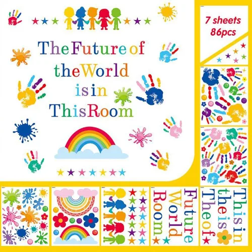 Miniatura 5 de 7 hojas de calcomanías de decoración de pared de arco iris, estrella de lunares, calcomanías de pared pequeñas, impermeables, corazón, sol