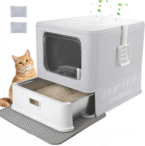 Cajas de arena para gatos de acero inoxidable cerradas, caja de arena plegable grande con tapa, caja de arena para gatos de acero inoxidable