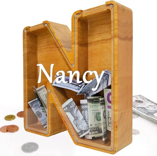 Miniatura 101 de Alcancía para niños y niñas, alcancía grande de madera personalizada con diseño recortado, bancos de monedas con letras del alfabeto, caja de ahorro