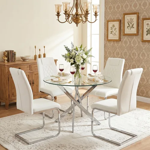 Miniatura 21 de Juego de mesa de comedor redonda de vidrio templado para 4, juego de mesa de cocina moderna de 5 piezas con 4 sillas tapizadas para cocina y comedor