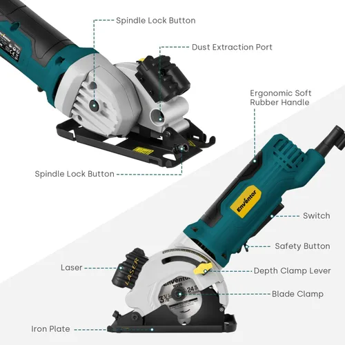 Miniatura 2 de Enventor Mini Sierra Circular, Sierras Circulares Eléctricas de 4.8A con Cable con Guía Láser, 4000RPM, 3 Hojas de Sierra, Profundidad Máxima