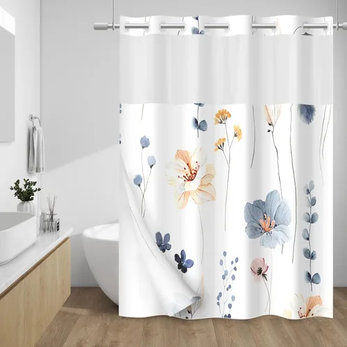 WITHLOC Cortina de ducha sin gancho con forro a presión, cortina de ducha floral de acuarela, forro interior impermeable de tela, plantas azules,