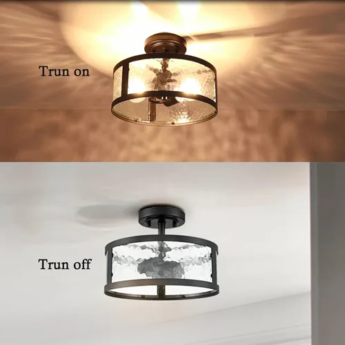 Miniatura 3 de Lámpara de techo semiempotrada de estilo casa de campo, accesorios de luz negra, 2 luces con vidrio martillado para dormitorio, cocina, baño, entrada