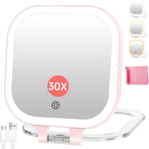 Miniatura 8 de FASCINATE Espejo de maquillaje de viaje recargable con aumento de 30X, espejo de tocador portátil iluminado de 7 pulgadas con iluminación de 3