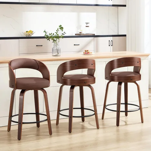 Miniatura 42 de Juego de 1 taburete de bar giratorio, 26" de cuero sintético tapizado, altura de mostrador con respaldo, silla de bar moderna de mediados de siglo
