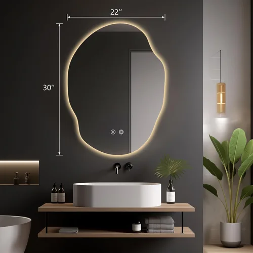 Miniatura 7 de Espejo de Baño LED Irregular con Luces, Espejo de Tocador de Baño LED Asimétrico para Pared con Retroiluminación, Antivaho, 3 Colores y Luz