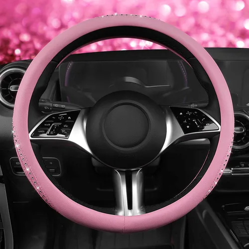 Miniatura 3 de CAR PASS Funda para Volante de Cuero Rosa con Diamantes de Imitación Brillantes, Piedras de Imitación Brillantes con Tachuelas Ajuste Universal 14