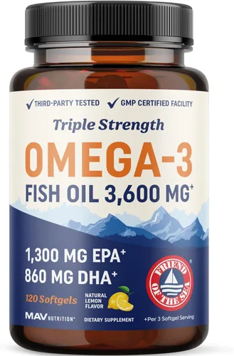 Aceite de pescado DHA Omega 3 de triple fuerza 3600 mg | Más de 2100 mg de ácidos grasos omega-3 con 860 mg de DHA | 1300 mg EPA | Los mejores