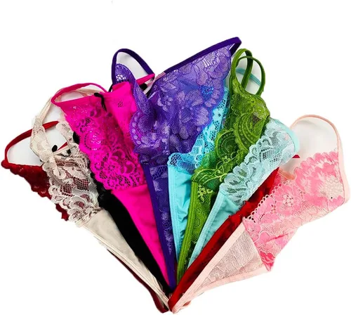 Miniatura 2 de Paquete de 6 tangas de encaje para mujer, ropa interior sexy con patrón de encaje y colores surtidos