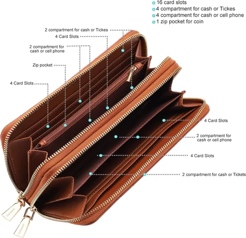 Miniatura 3 de Cartera de piel vegana con doble cremallera y correa de sujeción de mano, Chevron Bordado Marrón