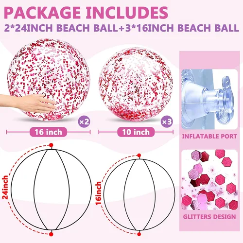 Miniatura 3 de Paquete de 5 bolas de playa de lentejuelas de 16 pulgadas y 24 pulgadas, inflables, confeti con purpurina, pelota de playa transparente, juguete Rosa