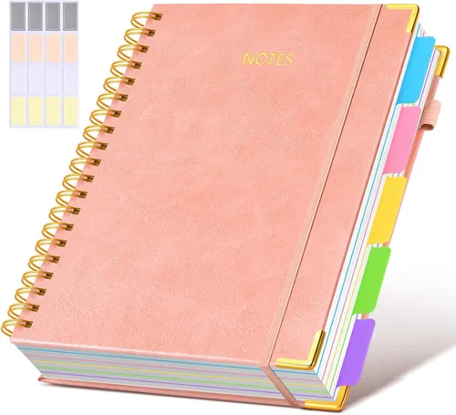 Miniatura 51 de Cuaderno universitario de espiral con tapa dura de cuero de 8 x 10 pulgadas, con pestañas separadoras extraíbles, para 5 materias, a rayas; diario