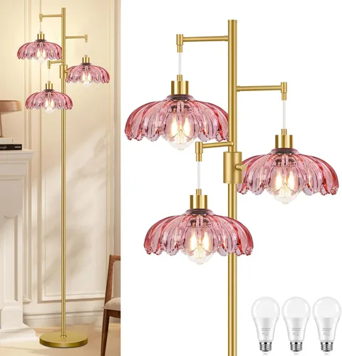 Miniatura 17 de Lámparas de pie doradas para sala de estar lámpara de pie vintage con forma de L de vidrio y tres bombillas led, lámpara de pie verde de latón