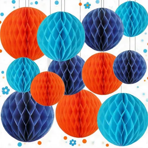 Capesaro 12 bolas colgantes de panal de abeja azules y naranjas, decoraciones de fiesta temática, feliz celebración de niños, decoración de