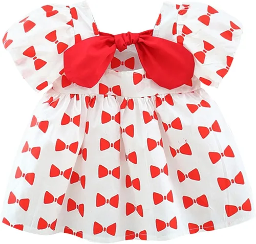 Toddler Baby Girls Dress Summer Bohemia Ruffle Bowknot Short Puff Sleeve Casual A Line Backless Dresses Party Clothes 5 Year Old Girl Clothing (Red,