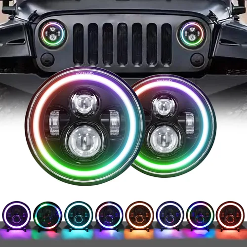 Miniatura 10 de Shkalacar Faro LED H4 de 7 pulgadas 140W Ojos de Ángel Faros redondos 4 modos 14000LM 6000K Blanco/3000K Ámbar Faro de coche y motocicleta Auto Ring