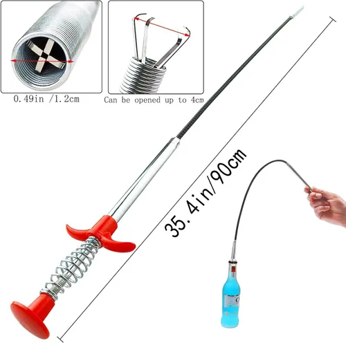 Miniatura 2 de Herramienta flexible para eliminar obstrucciones de drenaje, extralarga para fontanería con pinza de agarre de 4 puntas, alcanzador de resorte