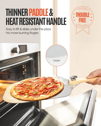 Miniatura 5 de Mooues Pala para Pizza de Aluminio Espátula para Pizza, Pala de Pizza de Metal (14 x 16 pulgadas) con Cortador Basculante Mango de Madera Plegable