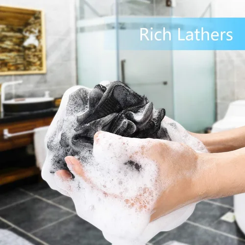 Miniatura 4 de Yoget Esponja de lufa de baño, paquete de 4 unidades, color negro, 2.16 onzas, bola de malla de ducha, suave puf para el cuerpo, exfoliar, limpiar