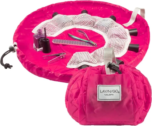 Lay-n-Go NailSpa - Bolsa de cosméticos con cordón - Organizador portátil de suministros para uñas con 8 bolsillos elásticos de malla y centro What A