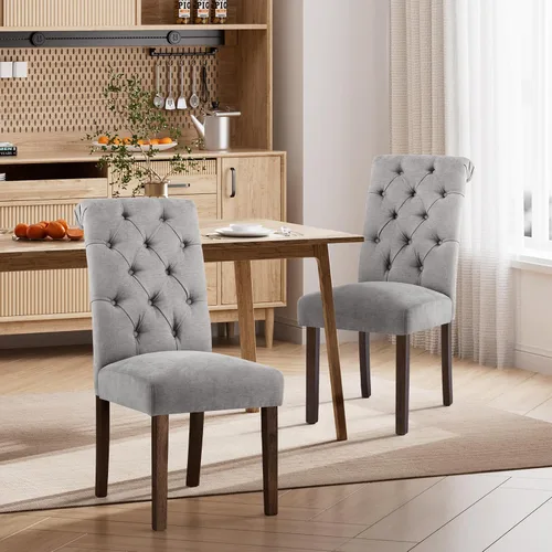 Miniatura 10 de Juego de 2 sillas de comedor, tapizadas Parsons con botones y patas de madera maciza, sillas de cocina de tela moderna para comedor, color beige
