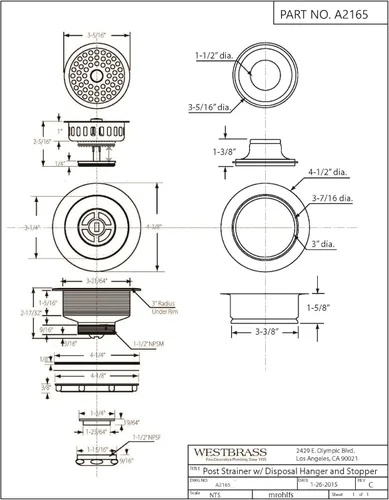 Miniatura 2 de Westbrass A2165-01 - Colador grande de cesta de cocina estilo poste de 4-1/4 pulgadas con brida de eliminación de residuos y tapón de drenaje, latón