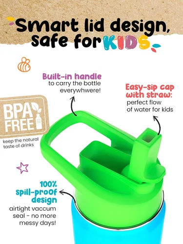 Miniatura 3 de Botella de agua para niños, 12 onzas, color azul, a prueba de fugas con popote y asa, 24 horas de frío, acero inoxidable de doble pared aislada
