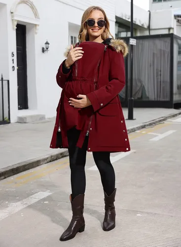 Miniatura 3 de Maacie Chaqueta de maternidad con forro polar grueso 2 en 1 con cinturón y capucha cálida para invierno