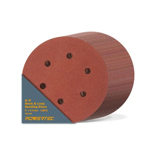 Miniatura 25 de POWERTEC 60 grano, 50 unidades, discos de lijado de 6 pulgadas – Gancho y bucle, almohadillas de lijadora orbital de óxido de aluminio de 6