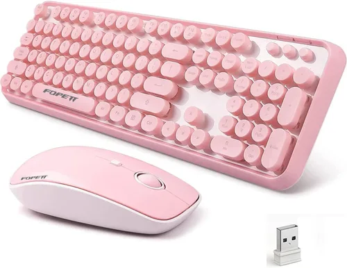 Miniatura 15 de FOPETT V2020 Combo de teclado y mouse inalámbricos, bonito teclado inalámbrico con llave roja redonda estilo retro, conectividad CapSecure de 2.4