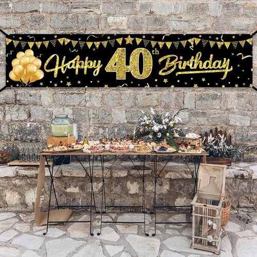 Miniatura 7 de Cartel decorativo de cumpleaños número 40 para hombres y mujeres, suministros de fiesta de letrero negro y dorado de 40 años, decoración de fiesta
