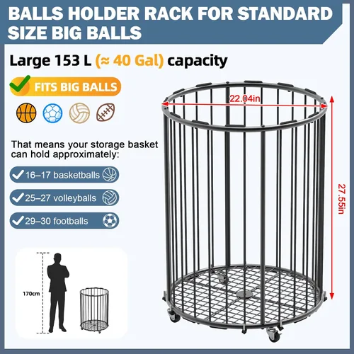 Miniatura 3 de Hencawima Garage Ball Storage: Round Sports Equipment Organizer with Wheels, Sports Ball Rack With Elastic Rope, Ball Holder for Basketball, Soccer