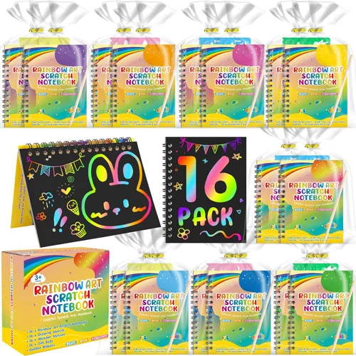 YSCare Artículos de Fiesta de Arte de Rascar para Niños: 16 Pack Cuaderno de Arte de Rascar Arcoíris, Kit de Manualidades y Artesanías, Bolsas de