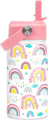 Miniatura 21 de SANDJEST Botella de Agua para Niños con Tapa de Pajita - 12 Oz Botella de Acero Inoxidable Aislada con Dibujo de Animales para Niños y Niñas - Taza
