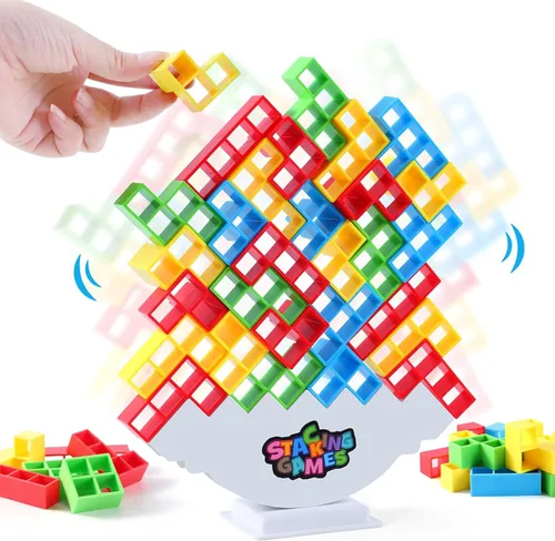 Tetra Tower - Juego de apilamiento de 48 piezas de bloques de construcción de equilibrio para niños, adultos, familia, amigos, juego en equipo,