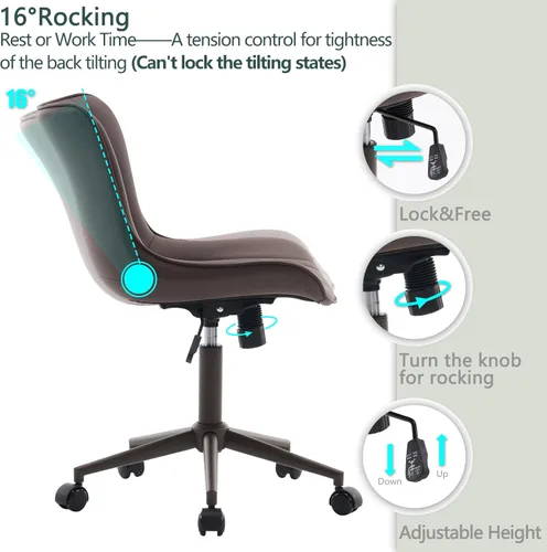 Miniatura 6 de YOUTASTE Silla de escritorio de oficina sin brazos con ruedas, silla giratoria ajustable, tapizada de piel sintética, soporte ergonómico