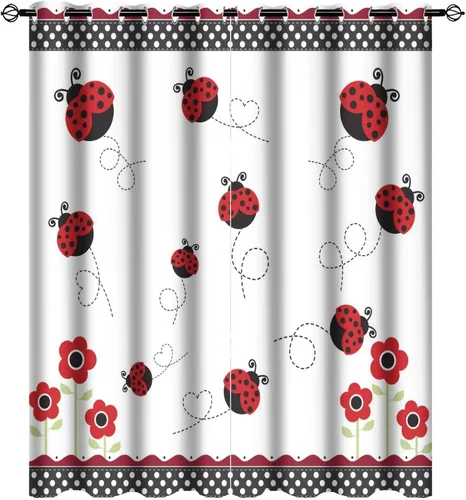 Miniatura 31 de Cortinas opacas de estilo japonés de mariquita de dibujos animados, diseño de eucalipto de mariquita roja y negra, juego de tratamiento de ventana