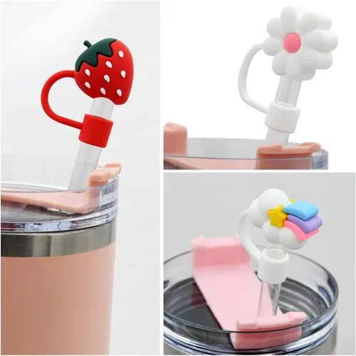 Miniatura 2 de Cubierta de pajita con flores para vaso Stanley Tapa de silicona para pajita Compatible con vaso de 30 y 40 oz con asa, cubiertas de punta de pajita