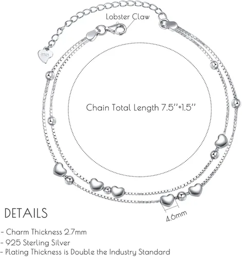 Miniatura 3 de LINGBG JEWELRY Pulseras en capas de plata de ley 925, pulseras de amor con corazón, pulseras de estrella para mujer, pulseras de doble hebra