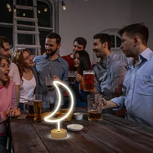 Miniatura 4 de ENUOLI lámpara de noche de neón LED de forma de luna blanca cálida con base de soporte, lámpara de neón de luna, alimentada por batería y USB, Moon