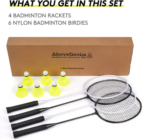 Miniatura 7 de AboveGenius Juego de 4 raquetas de bádminton para juegos al aire libre, incluye 4 raquetas, 6 volantes de bádminton de nailon, raquetas de bádminton