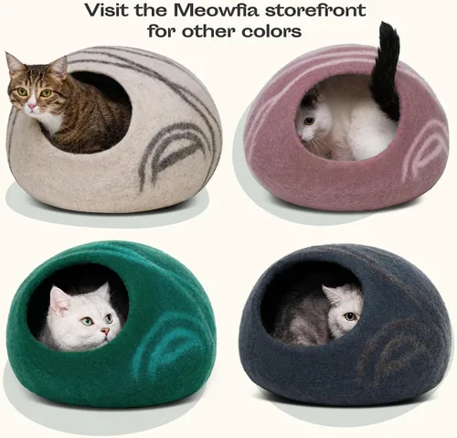 Miniatura 6 de MEOWFIA Cueva de gato – Cama de gato de fieltro premium para gatos de interior, hecha a mano 100% lana de merino, gato (gris claro, grande)