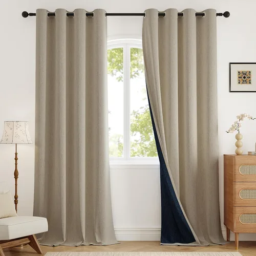 Miniatura 14 de Rinwoc - Cortinas 100% opacas gruesas y suaves de 2 paneles para dormitorio, aspecto de lino texturizado, bloqueo total de luz, cortinas