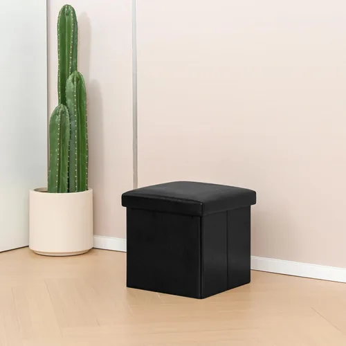 Miniatura 8 de B FSOBEIIALEO Cubo otomano plegable de almacenamiento con piel sintética para sala de estar, dormitorio, oficina en casa, reposapiés de Negro