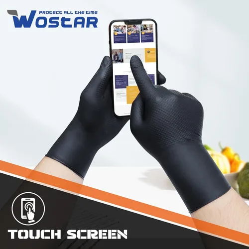 Miniatura 4 de Wostar Guantes industriales de nitrilo negro, grandes de 8 mil, con textura de diamante, sin látex y polvo, guantes resistentes, 100
