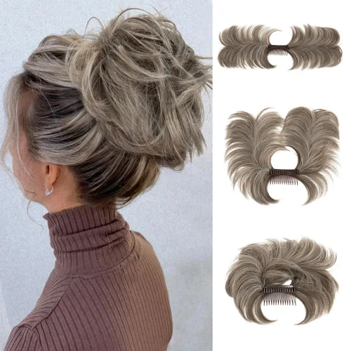 Miniatura 11 de Postizo de Cabello de Moño Despeinado con Peine Lateral Clip en Postizo de Moño para Mujeres Corto Natural Liso Versátil Estilos Ajustables Piezas