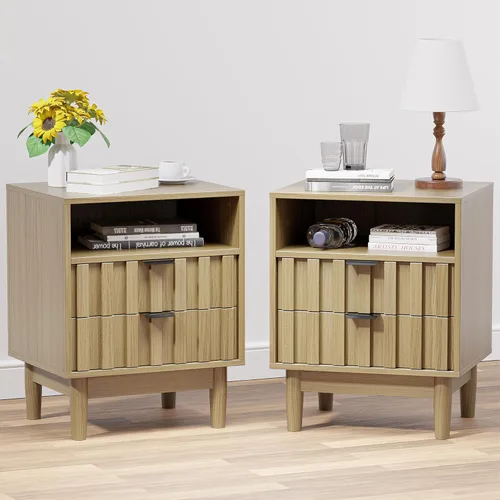 Miniatura 11 de Mesita de noche con 2 cajones de almacenamiento, mesa auxiliar moderna para dormitorio con asa recortada, mesitas de noche grandes para dormitorio