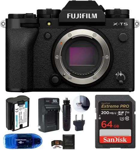 Fujifilm X-T5 - Paquete de cuerpo de cámara digital sin espejo, incluye: tarjeta de memoria SanDisk Extreme PRO SDXC de 64 GB, batería de repuesto +